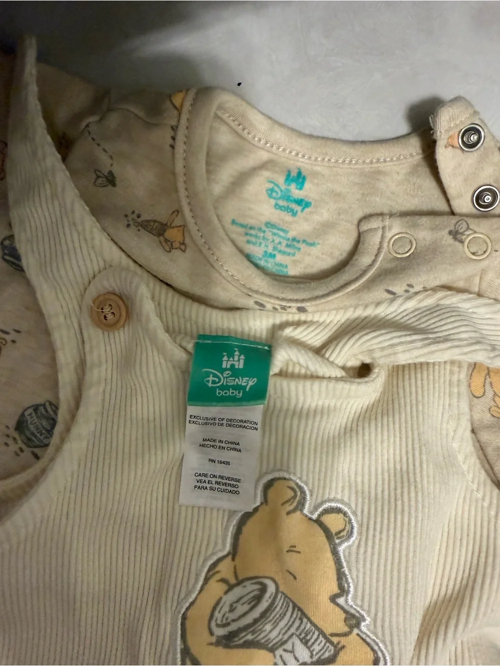 Disney Beige Winnie the Pooh Short Sleeve Tee and Cream Overalls One-Piece